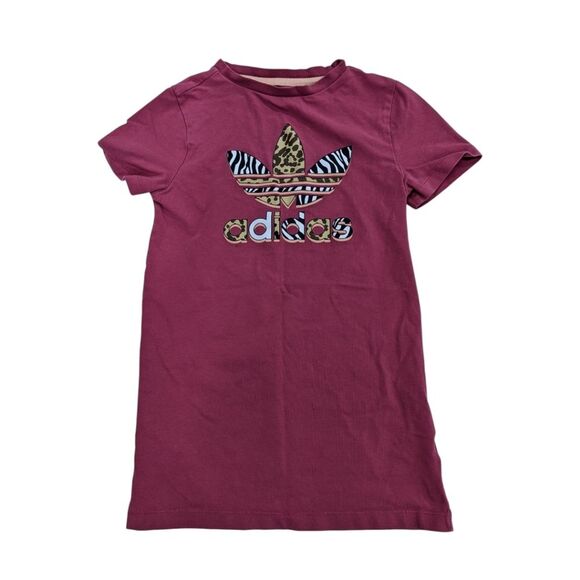Adidas Dusty Rose Pink Maroon Animal Print Tshirt Dress Tunic Girls Size 5 6 - Picture 1 of 6